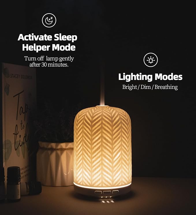 Essential Oil Diffuser - 2.4MHz Ultrasonic Ceramic Diffuser for Home, 120ml, Pulse&Continuous Mist, Bright/Dim/Breathing Lighting, Waterless Auto-Off, Aromatherapy Diffuser with USB Cable