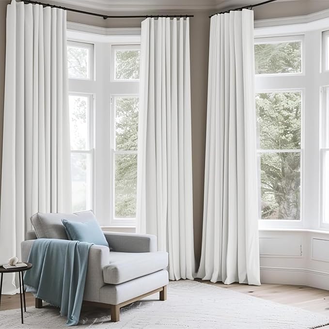 INOVADAY 100% Blackout Curtains for Bedroom, Black Out Curtains 84 Inch Long, Clip Rings Linen Blackout Drapes, Thermal Insulated Room Darkening for Living Room, 2 Panels - Snow White,W50xL84