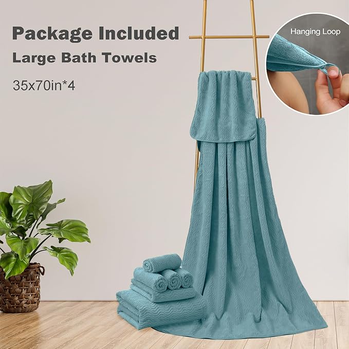 Turquoise Bath Towels Set of 4, Oversized Towels Large 35x70 Inch Shower Bathroom Towels Highly Absorbent Quick Dry Towel Textured Soft Bath Sheet Towels Set for Bathroom Hotel SPA Fitness Camping