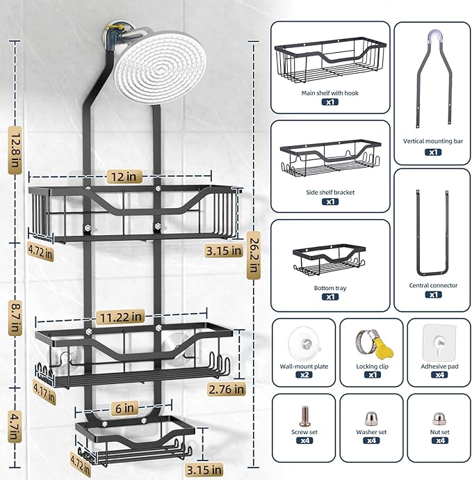 Imncya Shower Caddy Hanging for Shower Head, Rustproof Showers Organizer Hanging with Soap Holder and 12 Hooks, No Drilling Anti-Swing, Over The Head Caddy for Bathroom Organizers and Storage(Black)