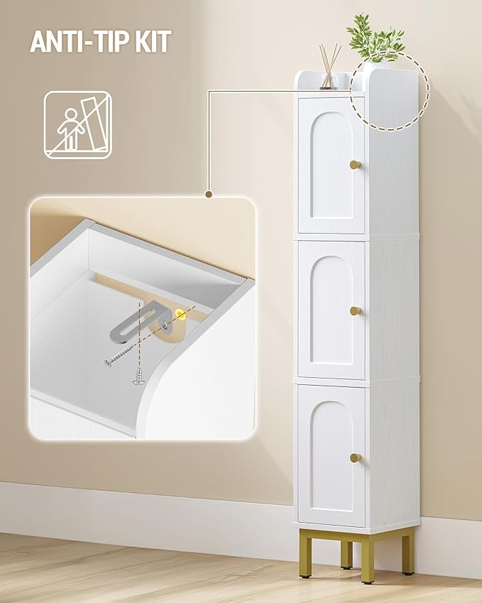 Slim Bathroom Storage Cabinet, Narrow Bathroom Organizers and Storage with 4 Adjustable Feet, Laundry Room Organization for Small Space, Kitchen, Living Room, 3 Doors White BC22313G