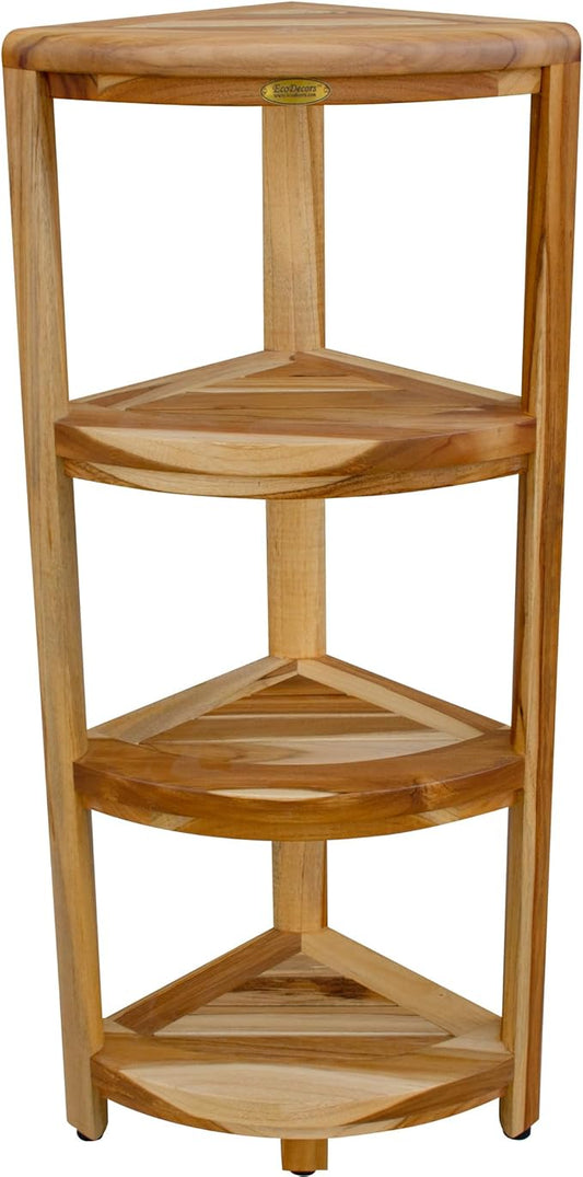 EcoDecors Corner Snazzy Corner Four Tier Natural Color Shelf Waterproof Teak Wood Shower Bench Stool Seat Chair For Inside Shower Provides Safety, Storage, and Organization For Bathroom Accessories