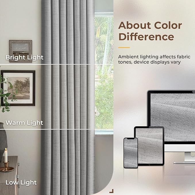 INOVADAY 100% Blackout Curtains for Bedroom, Black Out Curtains 90 Inch Long, Clip Rings Linen Blackout Drapes, Thermal Insulated Room Darkening for Living Room, 2 Panels - Grey,W50xL90