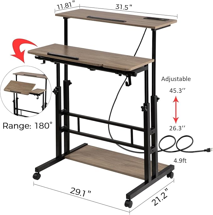 Hadulcet Rolling Stand Up Desk Adjustable Height - Portable Standing Desk with Wheels & Charging Station, Mobile Laptop Desk Small Standing Desk Drawing Table, Grey