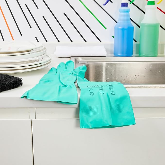 Green Cleaning Gloves 10 Pairs 15 Mil Thick Extra Large Heavy-Duty Nitrile Gloves With Long Cuff No-Latex Flock Lining For Use In Hospitals, Commercial Kitchens and Households