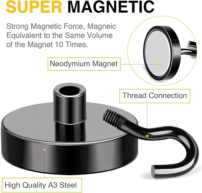 DIYMAG Black Magnetic Hooks, 120 LB Heavy Duty Strong Magnets with Hook, Rare Earth Neodymium Magnet Magnetics for Cabins Cruise Ship Essentials 4 Packs