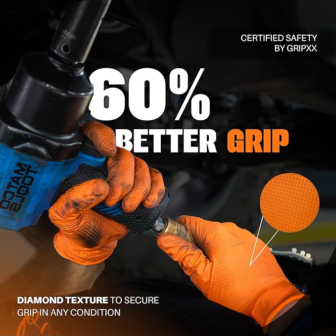 Herkules Grip Heavy Duty 8Mil Orange Nitrile Gloves,3D Raised Diamond Texture-Latex & Powder Free-Industrial, Mechanic (1, Small)