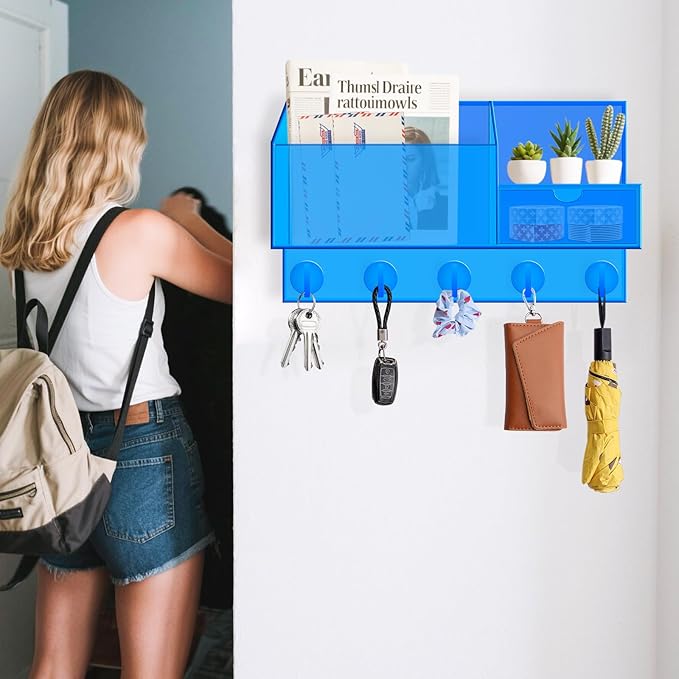 Acrylic Key Holder Wall Mount Mail Organizer for Wall with Shelf Storage Drawer and 5 Hooks, Blue