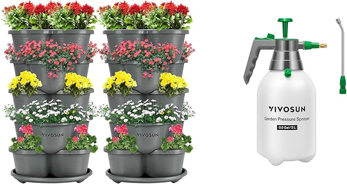 2-Pack 5 Tier Vertical Gardening Stackable Planter and 0.5Gal Handheld Garden Sprayer, 2L Pump Sprayer, 68 Oz Water Spray Bottle with Safety Valve, Adjustable Nozzle