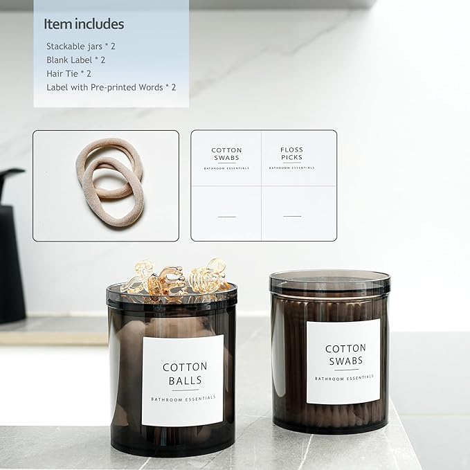 SheeChung 2-Pack Stackable Black Qtip Holder - 12oz Large Acrylic Apothecary Jars with Storage Lids - Modern Bathroom Vanity Organizer Set for Cotton Swabs, Balls, Pads - Translucent Black