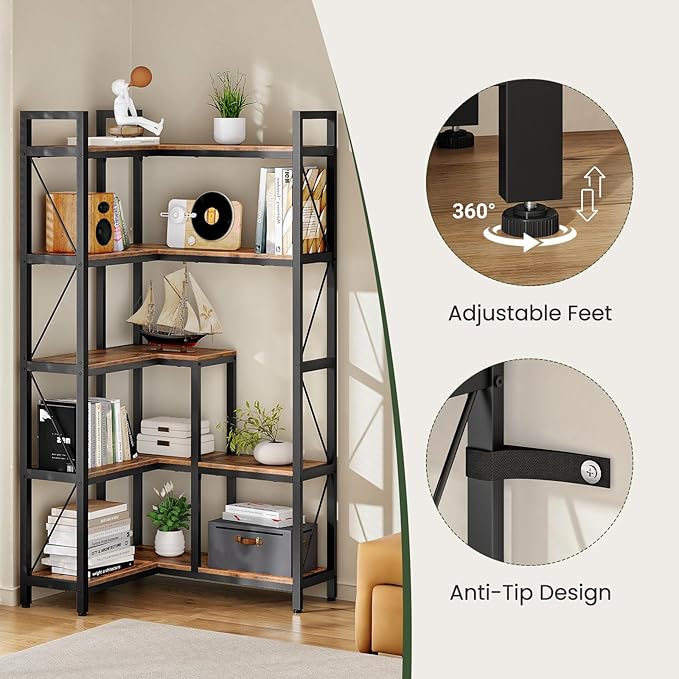 5-Tier Corner Bookshelf, 65.5'' Tall L-Shaped Bookcase, Corner Storage Stand with Metal Frame, Display Storage Rack, for Living Room, Home Office, Bedroom, Rustic Brown TSJ12BF