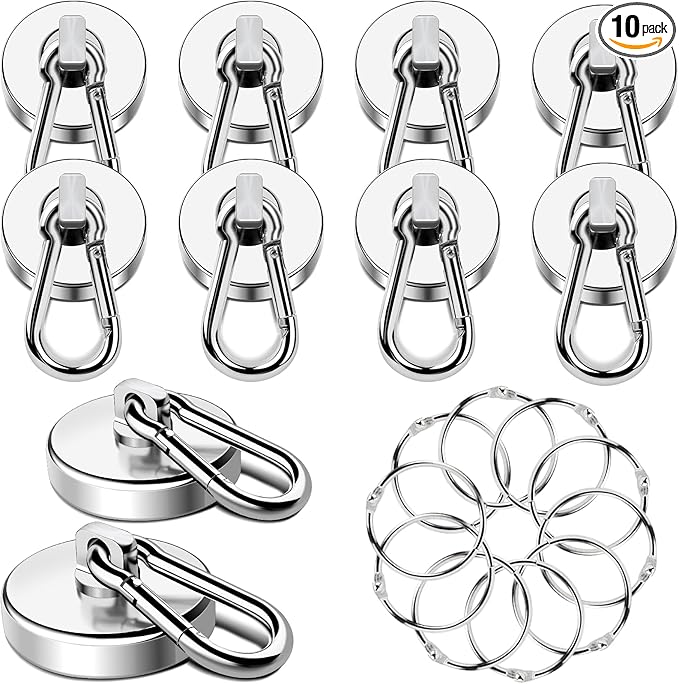 MIKEDE Magnetic Hooks Heavy Duty, 110LBS+ Strong Neodymium Magnets with Swivel Carabiner Hook, Magnets with Hooks Magnetic Hangers for Locker, Kitchen, Cruise Cabin, Office - 10 Pack