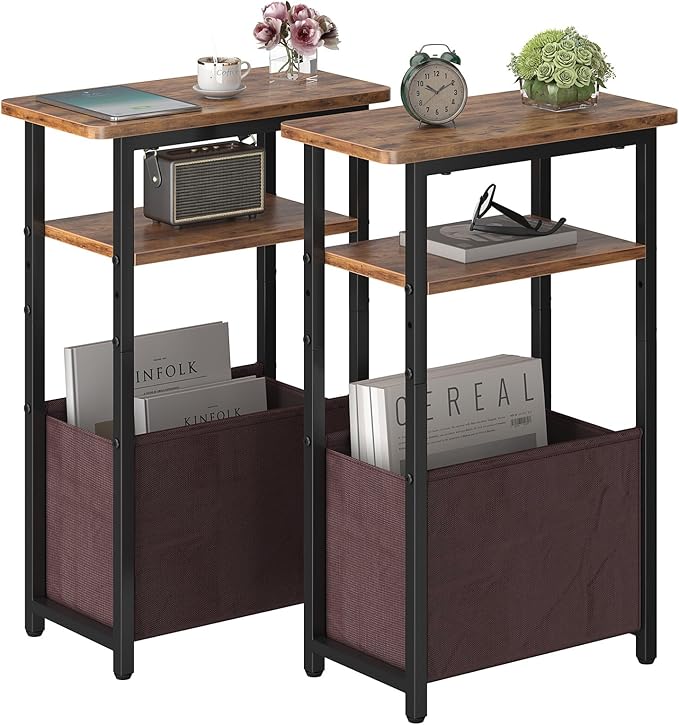 Narrow Side Table Set of 2, Skinny End Tables with Fabric Basket, Small Side Tables for Small Space,2-Tier Open Shelves with Basket, Slim Nightstands Set 2 for Bedroom,Livinroom, Rustic Brown