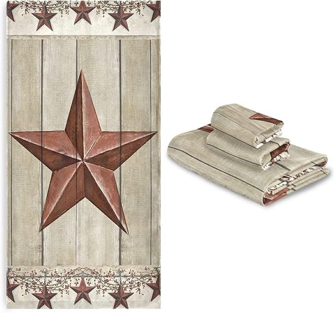 Rustic Bath Towels Set,Soft Absorbent Western Texas Star Primitive Berries on Country Wooden Barn Plank 3 Piece Luxury Bathroom Towels,1 Bath Towel,1 Hand Towel,1 Washcloth for Spa,Gym
