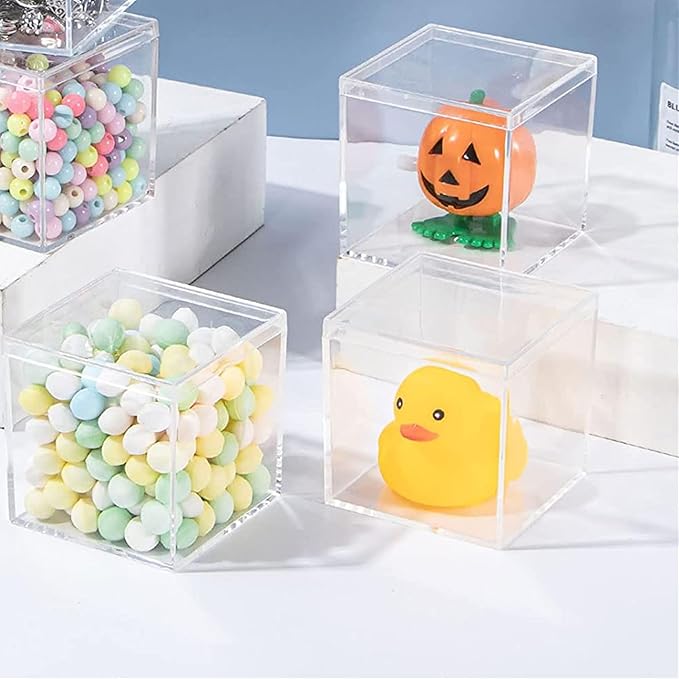 KissYou Acrylic Box 12 Packs Clear Boxes with Lids Plastic Square Cube for Display Small Storage Boxes Birthday Easter Party Favor Candy Boxes