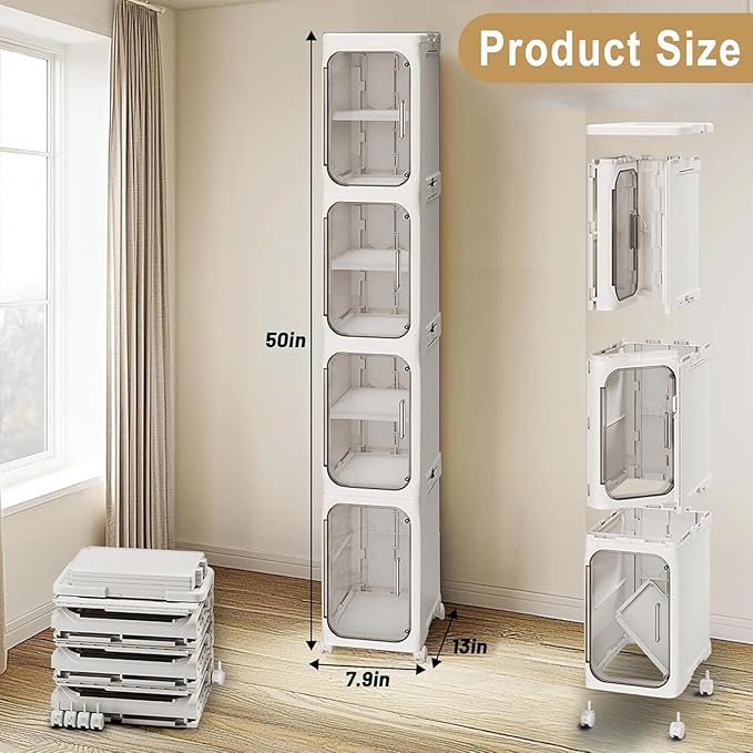 4-Tier Plastic Bathroom Slim Storage Cabinet with Magnetic Doors, Movable Wheels, Foldable Narrow Organizers and Storage for Small Spaces, Kitchen (White)