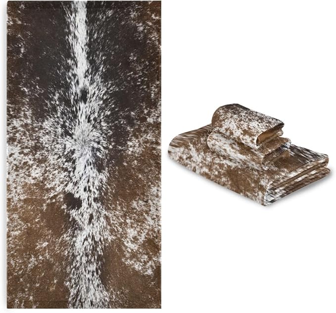 Western Cow Print Bath Towels Set,Absorbent Soft 3 Piece Brown Farm Cowhide Animal Fur Pattern Towels for Bathroom,1 Bath Towel 1 Hand Towel 1 Washcloth,Quick Dry Decoractive Bathroom Towels