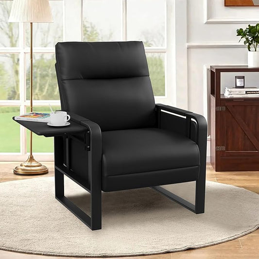 Modern Black Accent Chair PU Leather Upholstered Armchair with Tray Table for Bedroom Living Room Chairs Office Chair