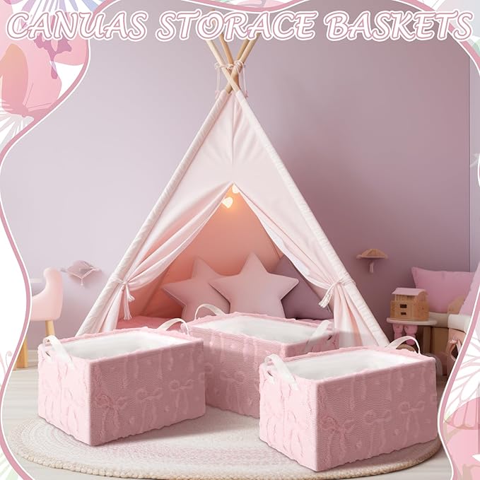 Kathfly 3 Pcs Bow Foldable Storage Baskets Plush Faux Fur Jacquard Design Laundry Basket with Handles Waterproof Storage Bins Fabric Shelf Baskets for Organizing Closet Clothes