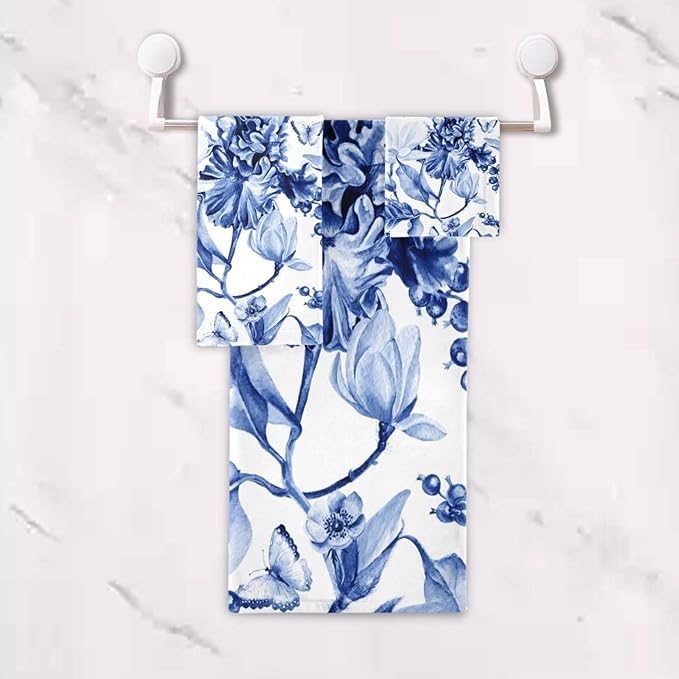 3 Piece Navy Blue Floral Bath Towels Set,Microfiber Absorbent Blue Magnolia Flower Berries Butterfly Towels for Bathroom,1 Bath Towel,1 Hand Towel,1 Washcloth,Decorative Bathroom Towels