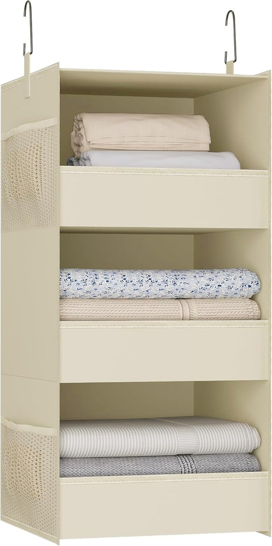 3-Shelf Hanging Closet Organizer and Storage, Foldable Hanging Closet Shelves Front Lip Design Washable Hanging Storage, Beige