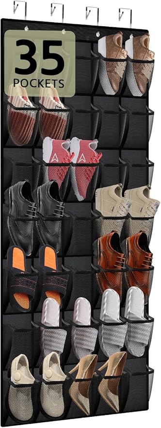 PAULONE 35 Pocket Over the Door Shoe Organizer,Reusable Breathable Large Mesh Bag Men's & Women's Sneaker Organizer,Shoe Organizer for Kids,Hanging Shoe Storage Hanging Bag (Black)