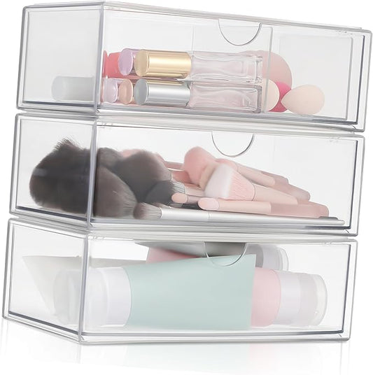 PRETYZOOM 3pcs Cosmetic Box Lid Makeup Organizer for Desk Section Storage for Brush Lipstick Nail Polish Skincare Small Sturdy Acrylic Modern Design