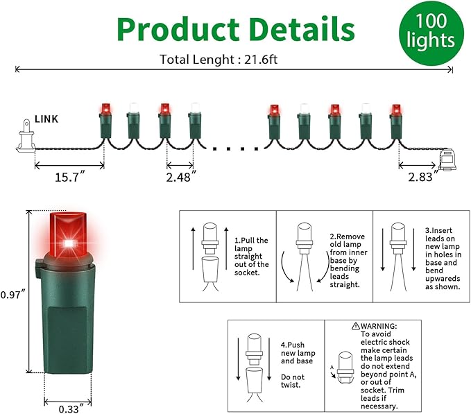 LAMPHOME Red White Valentine's String Lights 100LED 21.6FT Mini Fairy Light Green Wire Christmas Lights Plug in for Indoor & Outdoor Party Patio Bedroom Xmas Tree Garland Galentine's Day Decoration