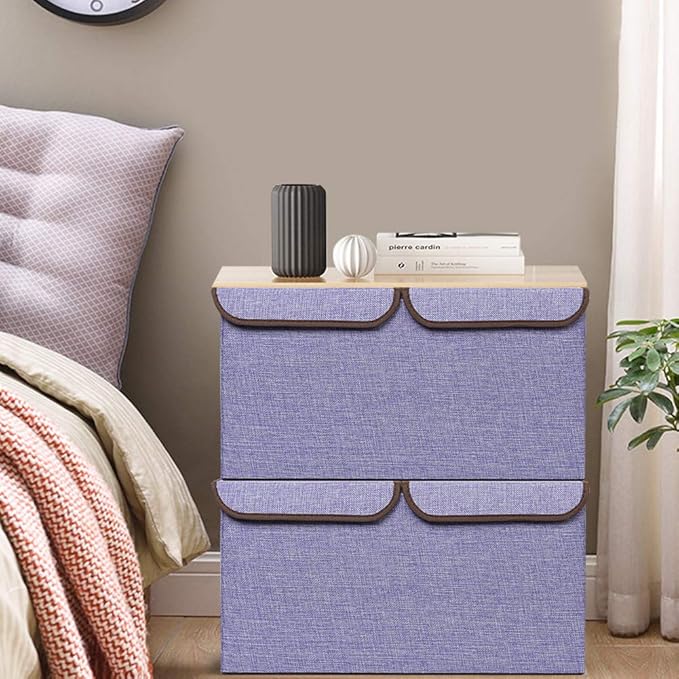 UUJOLY Large Storage Bins Linen Fabric Foldable Basket Cubes Organizer Storage Boxes Drawer with Lid and Handles for Home, Office, Closet, Bedroom, Nursery (Purple-2pcs)