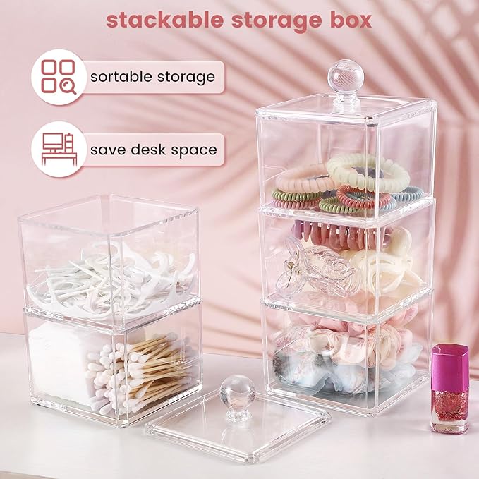 Hair Accessories Organizer for Girls, Clear 3 Stackable Acrylic Hair Tie Organizer for Headband, Bows, Cotton Swab Organization, Bathroom Containers Hair Clip Holder Storage with Lids