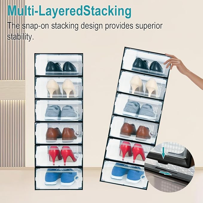 12 Pack Shoe Storage Boxes, Clear Plastic Stackable Shoe Organizer for Closet, Foldable Shoe Rack with Lids for Entryway, Closet, Under Bed, Black (13.2 x 9.8 x 6.7inches)