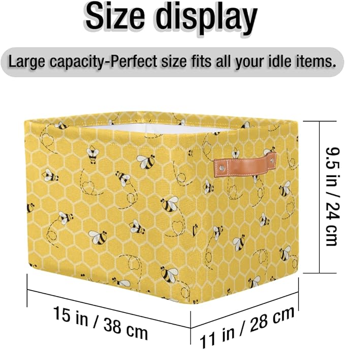 2Pack Yellow with Bees Large Collapsible Storage Bins,Honey Honeycombs Decorative Canvas Fabric Storage Boxes Organizer with Handles,Rectangular Shelves Baskets Box for Home Office Nursery Closet