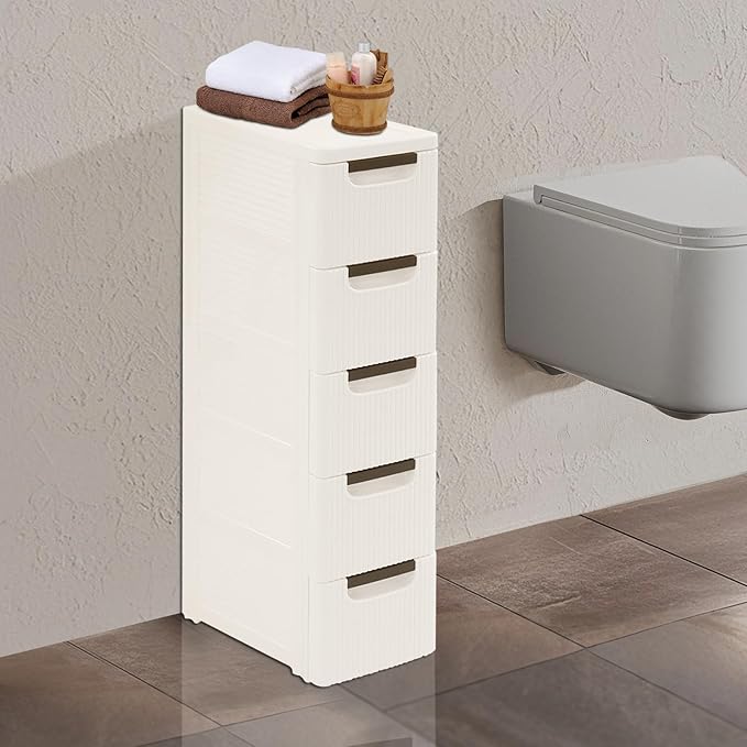 Narrow Plastic Storage Cart with 4 Drawers, Slim Rolling Organizer on Wheels, Mobile Utility Cart for Bathroom, Kitchen, Laundry Room, Bedroom & Office (5-Tier)