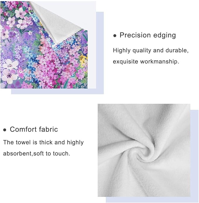 Purple Pink Blue Floral Towel Set, 3-Piece Soft Absorbent Set (1 Bath 1 Hand 1 Washcloth), Decorative Spring Garden Flower Towels for Bathtub, Shower, Hair, Face