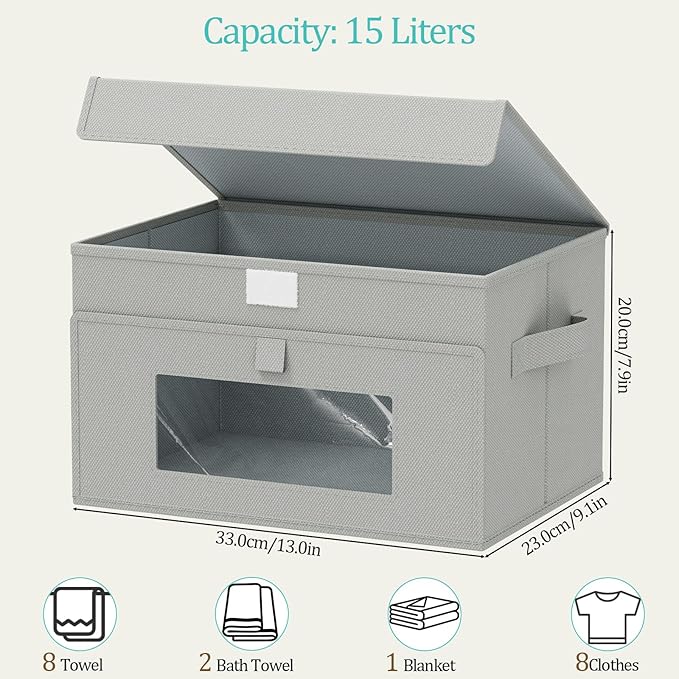 Storage Bins with Lids, Cube Organizer Basket with Window, Closet Boxes with Carrying 2 Handles and Sturdy PP Support Plate, 2 Pack, Grey, 13 x 9 x 7.9 In, XSNY17GM-2