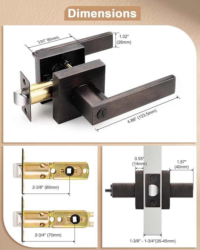 Probrico Heavy Duty Oil Rubbed Bronze Door Handles, Interior Keyless Locks Bath/Bed Door Locksets, Square Privacy Door Levers Reversible for Left/Right Handed Doors, 8 Pack