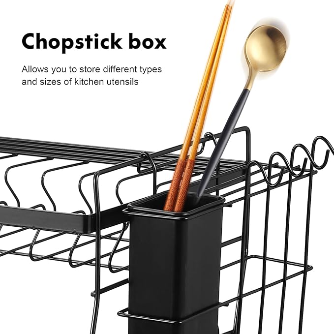 Large Capacity Double Tier Dish Drying Rack with Drainboard and Side Utensil Holder Over Sink Kitchen Counter Organizer for Bowls Plates Cutlery and Chopping Board Storage