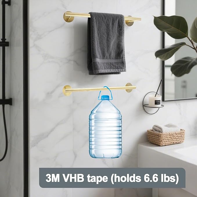 16 Inch #304 Stainless Steel Brushed Gold Towel Bar - Adhesive Kitchen Towel Holder & Bathroom Towel Rack, Wall Mount Towel Hangers for Bathroom & Door Towel Holder