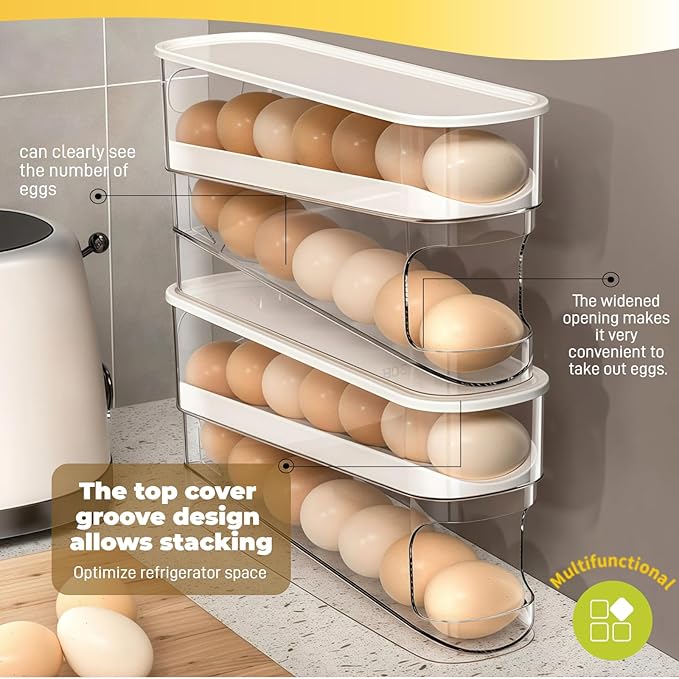 Egg Holder for Fridge, Space-Saving Automatic Rolling Egg organizer for refrigerator, 2-Layer Stackable Fridge Egg Dispenser and Storage with Lid for Kitchen, Countertop, Dining Room