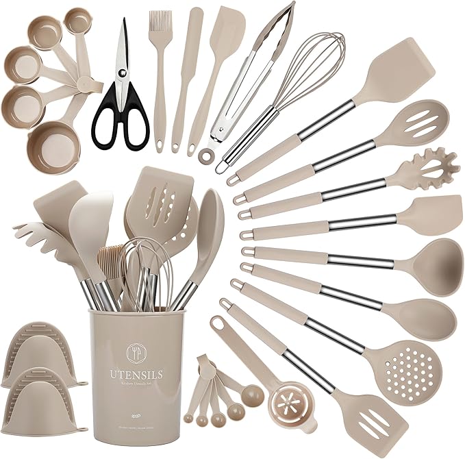 QMVESS Silicone Cooking Utensils Set, 28 Pcs Non-Stick Kitchen Utensils Set with Holder, 446°F Heat Resistant Spatula, Tongs, Spoons Set with Stainless Steel Handle Kitchen Gadgets (Khaki)