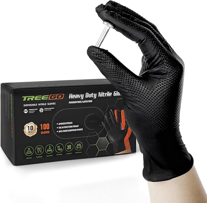 TREEGO 10 Mil Black Nitrile Gloves Heavy Duty — Raised Diamond Texture Grip, Latex Free Disposable Mechanic Work Gloves, Large, 100 Count