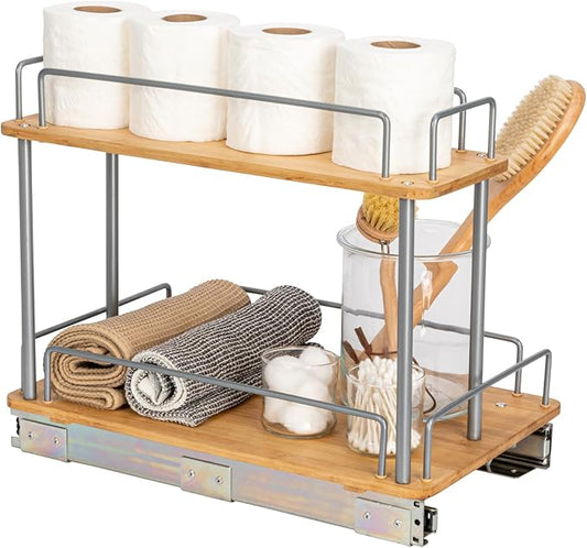 Household Essentials Glidez Steel and Bamboo Pull-Out/Slide-Out Storage Organizer for Under Sink or Cabinet Use - 2 -Tier Design - Fits Standard Size Cabinet or Shelf, Brushed Silver and Natural