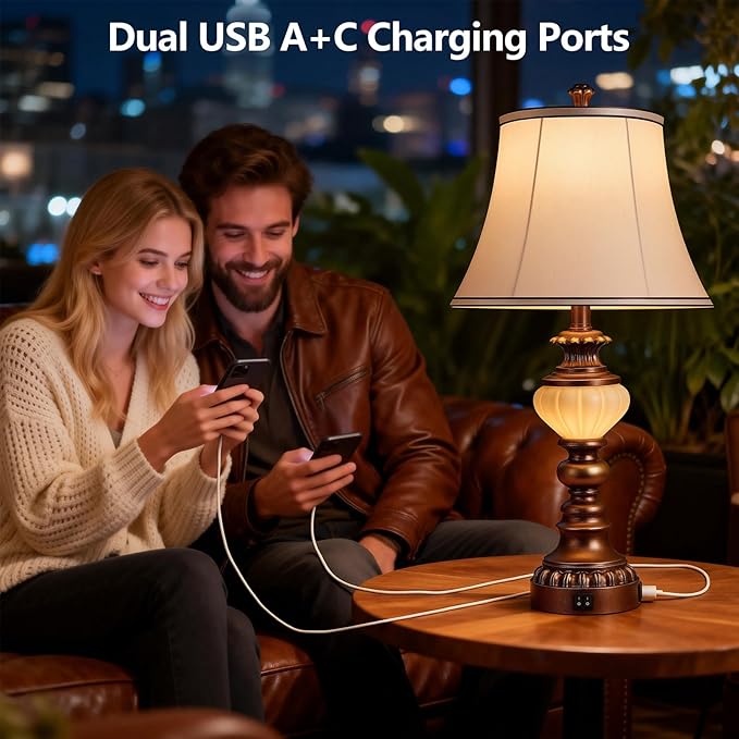27'' Farmhouse Tall Table Lamps Set of 2 for Living Room, Traditional Vintage Bedside Table Lamps with Nightlight and USB Ports, Boho Nightstand Lamps for Bedroom End Table Home Decor(Bulbs Included)