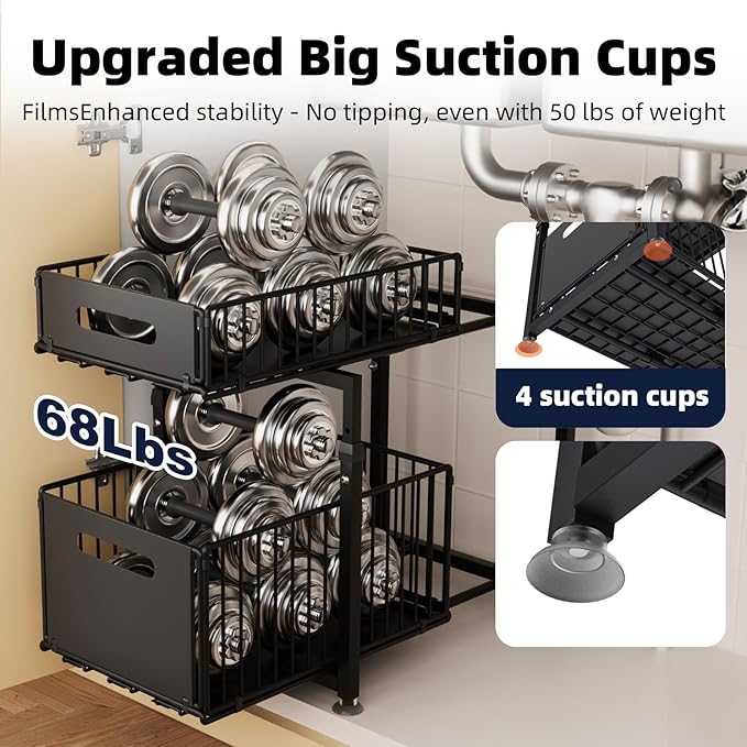 Heavy-duty steel under sink organizer holding 68 lbs capacity
