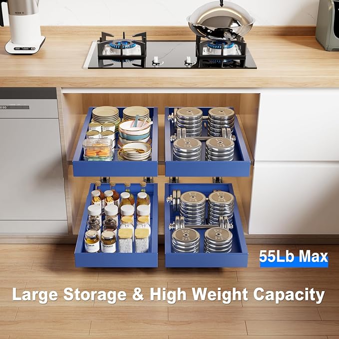 2 Pack Pull Out Cabinet Organizer,21.8" Deep Slide Out Drawer for Cabinets Adhesive Pull Out Drawers Heavy Duty Pull Out Shelves for Kitchen,Cupboard,Pantry,Bathroom-Blue