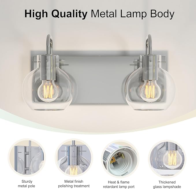 2-Light Bathroom Vanity Light, Modern Brushed Nickel Wall Sconce with Clear Glass Shade, Vintage Style Mirror Lighting for Bathroom, Bedroom, Living Room,14 Inch