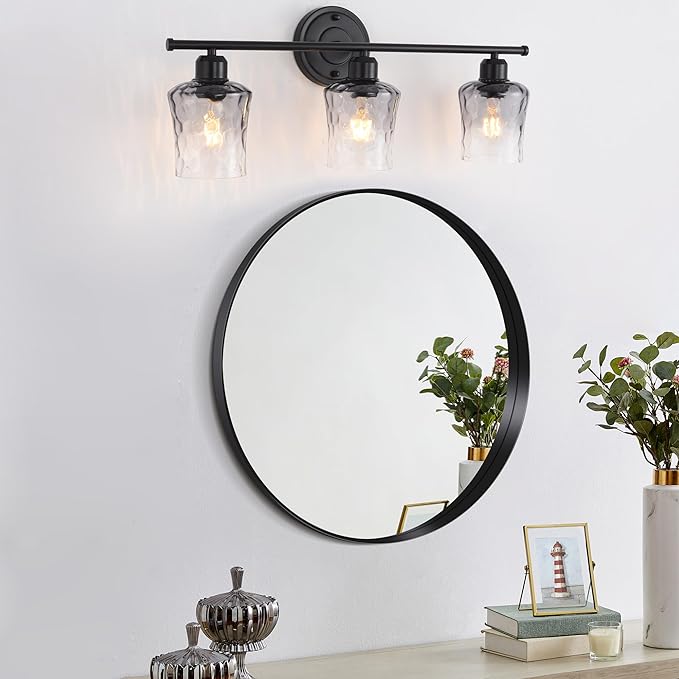 3-Light Bathroom Light Fixtures, Matte Black Vanity Light with Grey Glass Shade, Modern E26 Bathroom Wall Light for Over Mirror, Kitchen, Hallway, Cabinet, Porch, Bedroom