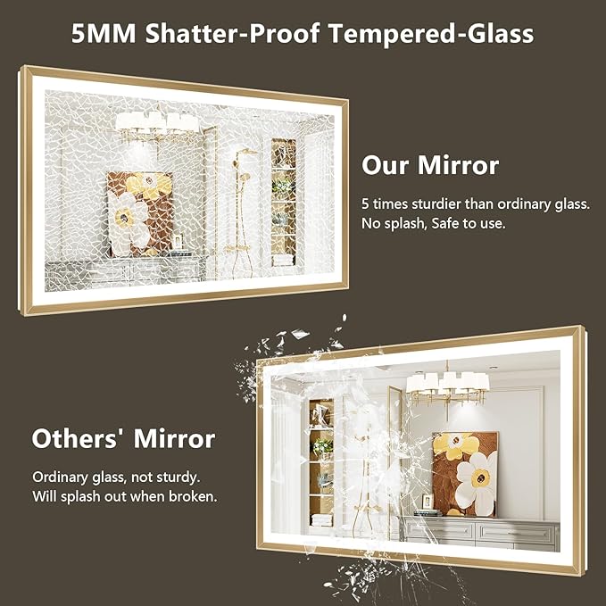 44x32 Gold Framed LED Bathroom Mirror with Lights, Backlit and Front Light, Lighted Bathroom Vanity Mirror for Wall Dimmable Anti-Fog Memory Tempered Glass Horizontal/Vertical