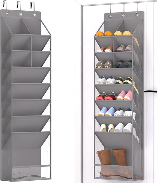 Door Shoe Organizer, Over The Door Hanging Shoe Rack with Large Pockets, Space Saving Shoe Storage for Closet, Entryway, Bedroom, Shoe Holder for Men Women Kids (Grey)