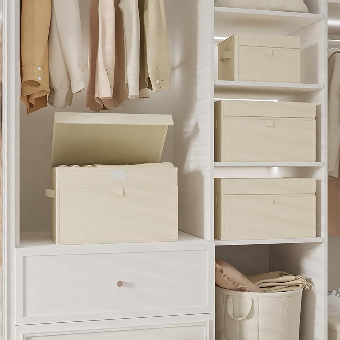Convenient Storage Bins for Taking Clothes, Fabric Boxes with Flip Cover, Collapsible Organizer with Handles, Cube Baskets for Home, Bedroom, Closet, 15x9.8x9.8in, Beige, 2 Pack